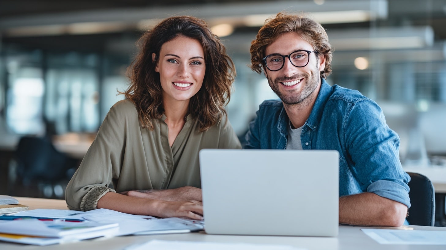Deux personnes souriantes devant un ordinateur portable.