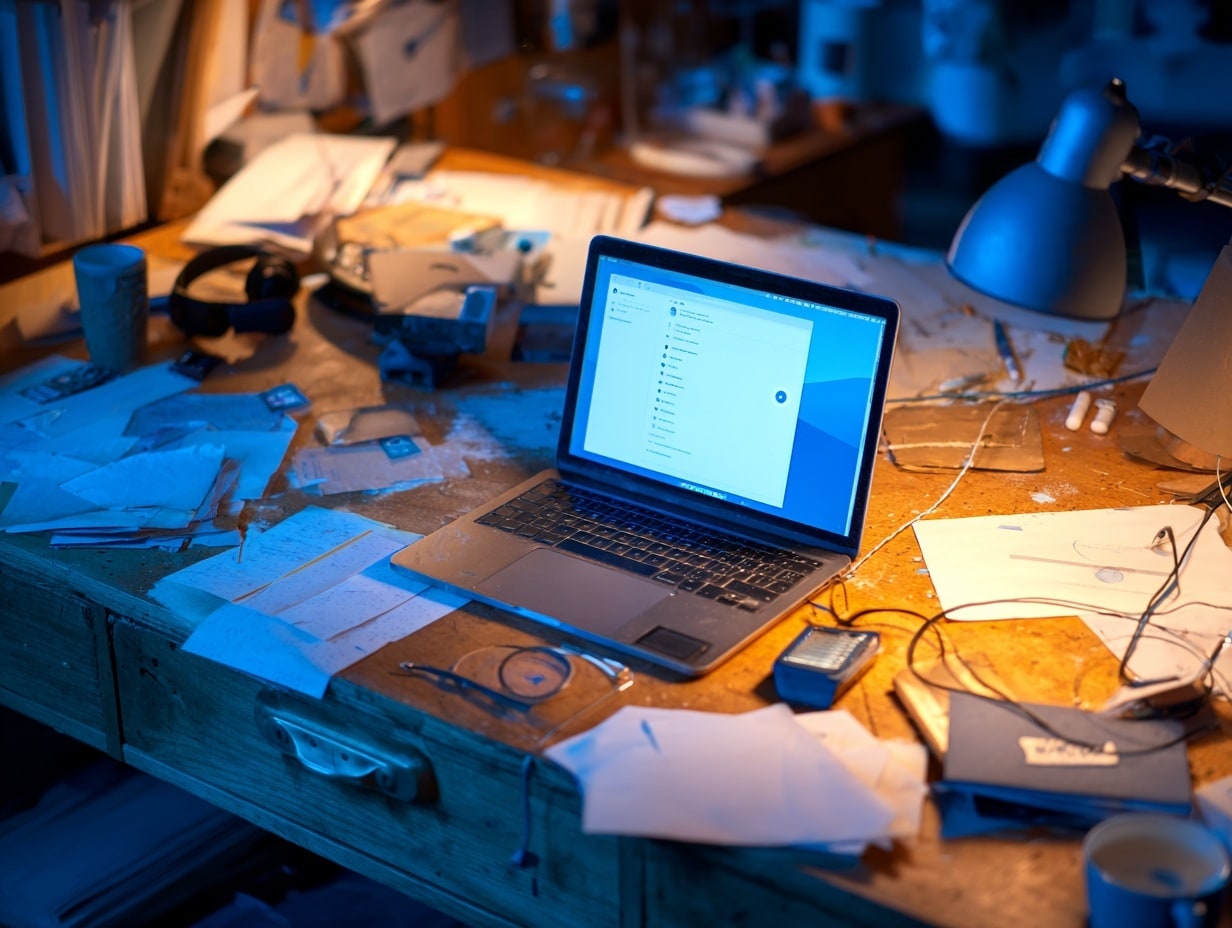 Bureau désordonné avec ordinateur portable allumé.
