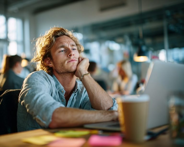 Homme pensif devant ordinateur portable au café.