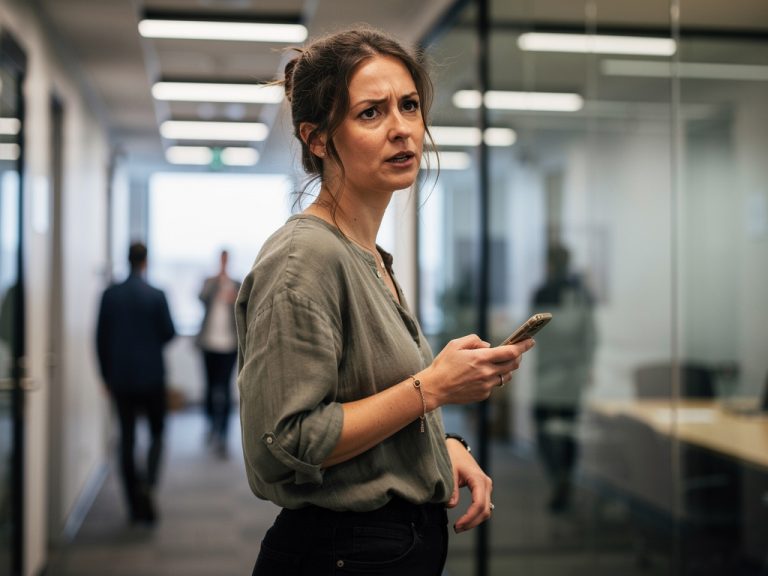 Femme préoccupée avec smartphone en bureau.