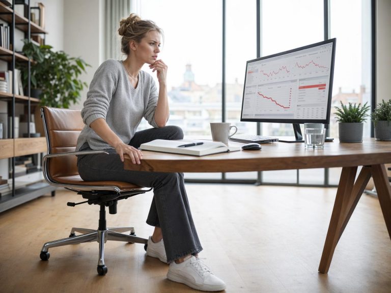 Femme analysant graphiques boursiers en baisse sur ordinateur