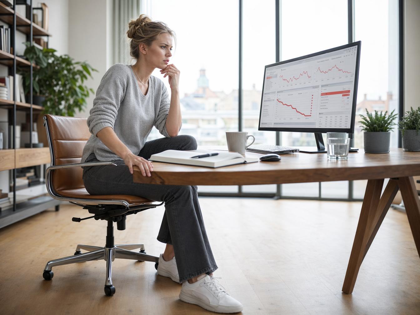 Femme analysant graphiques boursiers en baisse sur ordinateur