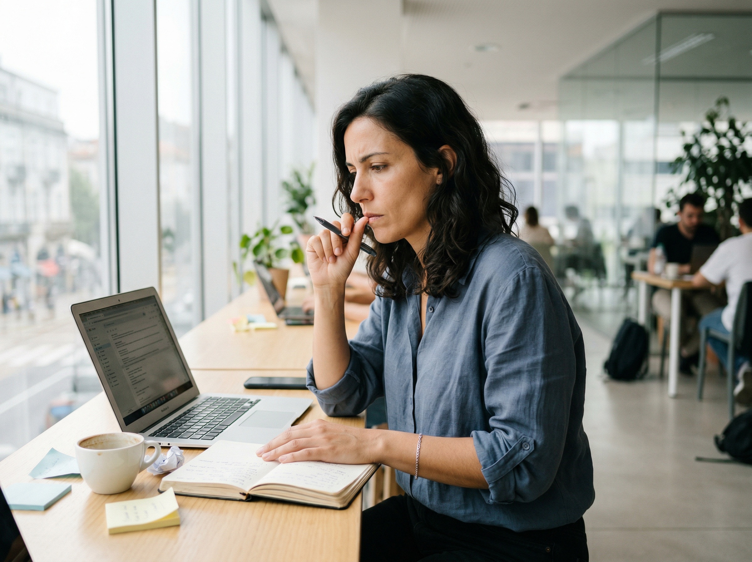 Professionnelle concentree devant son email marketing dans un espace de coworking lumineux