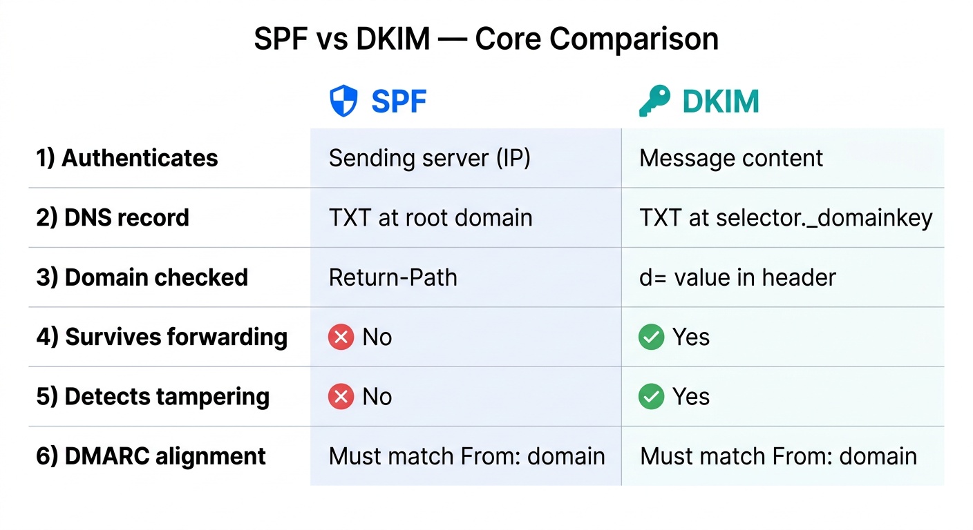 Quelle est la différence fondamentale entre SPF et DKIM ?