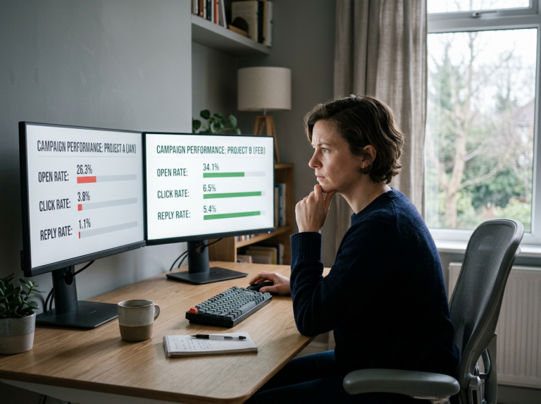 Femme analysant performances de campagne sur double écran
