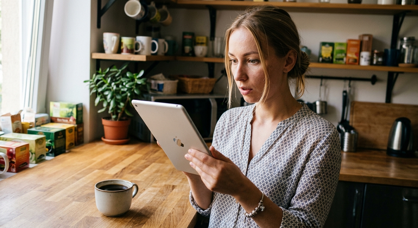 Femme utilisant une tablette dans une cuisine
