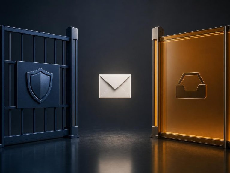 Enveloppe email isolée entre deux portails déconnectés, sécurité conformité et délivrabilité, illustrant la gouvernance email automatisée