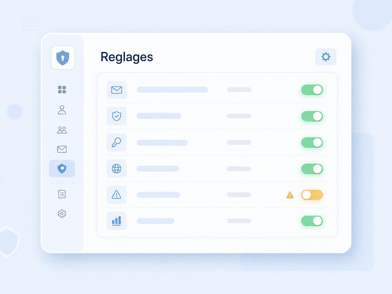 Interface de réglages avec options de sécurité activées