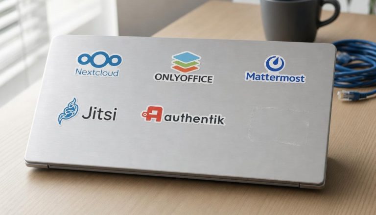 Alternative à Microsoft 365 : les stickers Nextcloud, ONLYOFFICE, Mattermost, Jitsi et authentik sur un capot de laptop, la place du serveur mail restée vide