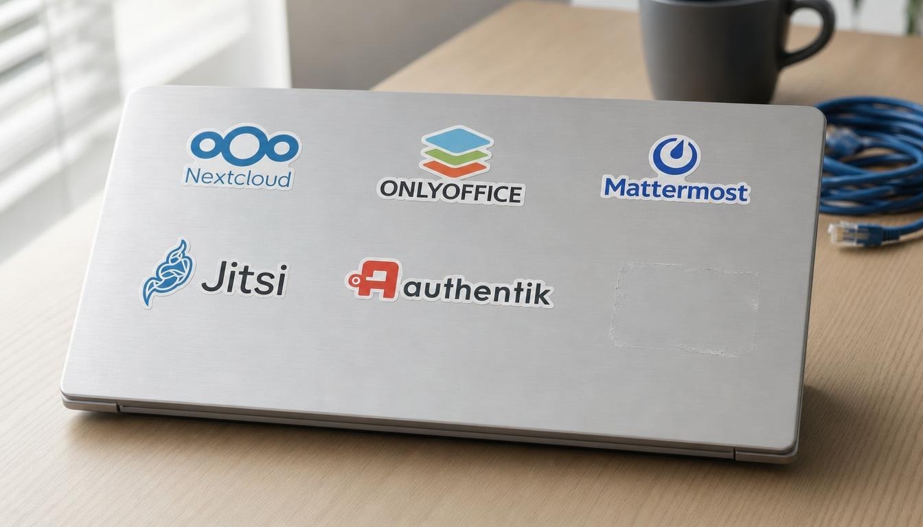 Alternative à Microsoft 365 : les stickers Nextcloud, ONLYOFFICE, Mattermost, Jitsi et authentik sur un capot de laptop, la place du serveur mail restée vide