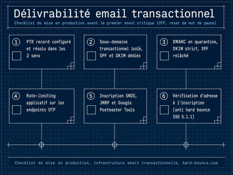 Checklist blueprint des 6 etapes techniques de delivrabilite email transactionnel : PTR, sous-domaine dedie SPF/DKIM, DMARC, rate-limiting, SNDS/JMRP/Postmaster Tools, verification adresse anti hard bounce