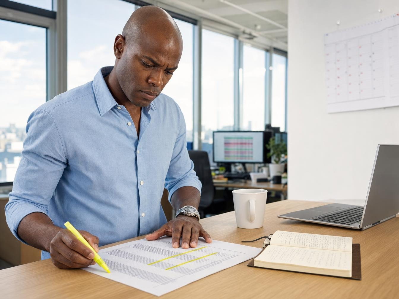 Homme surlignant un document dans un bureau lumineux